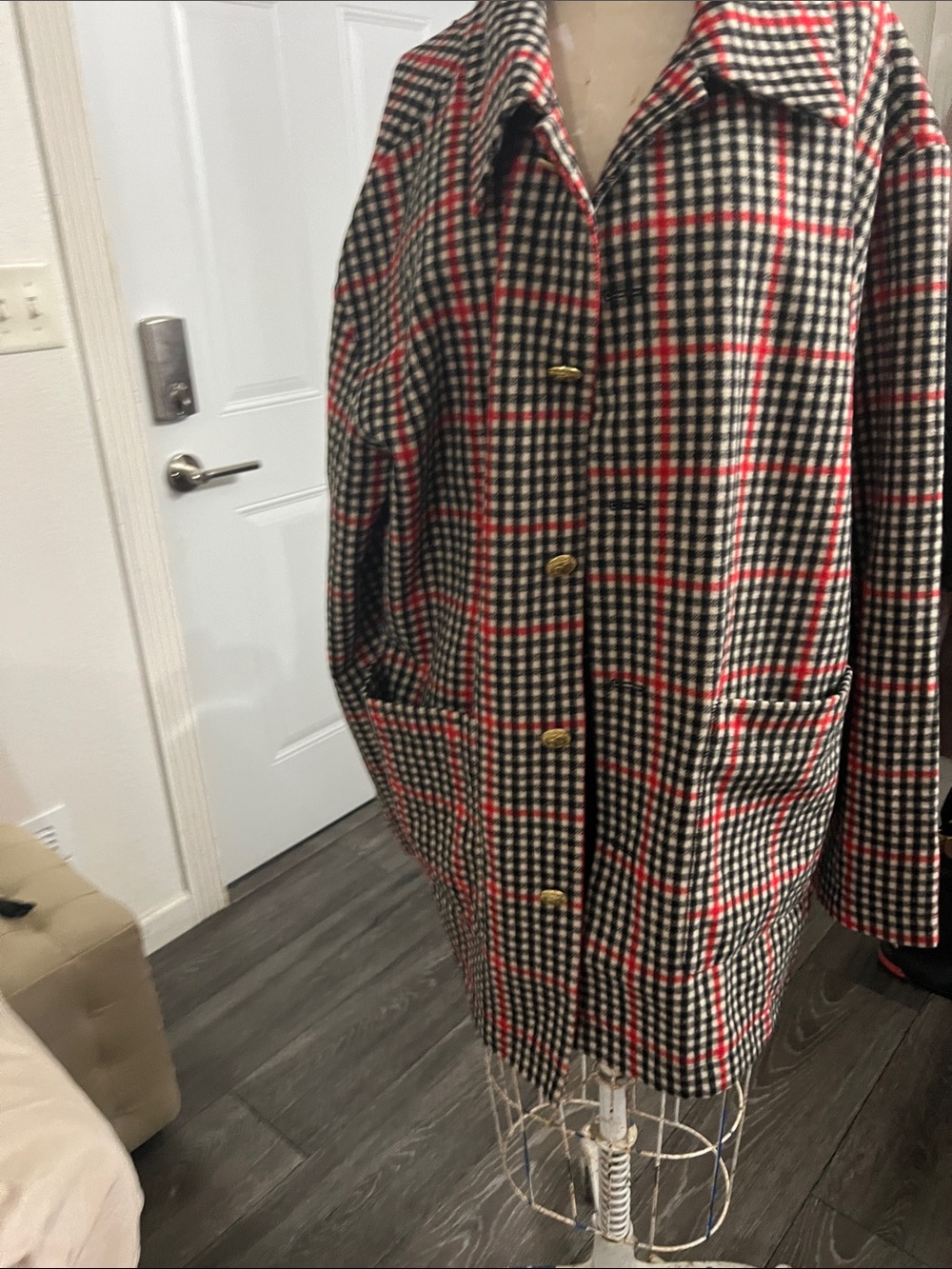 Rowing Blazers Red, Black & Cream Plaid Pea Coat